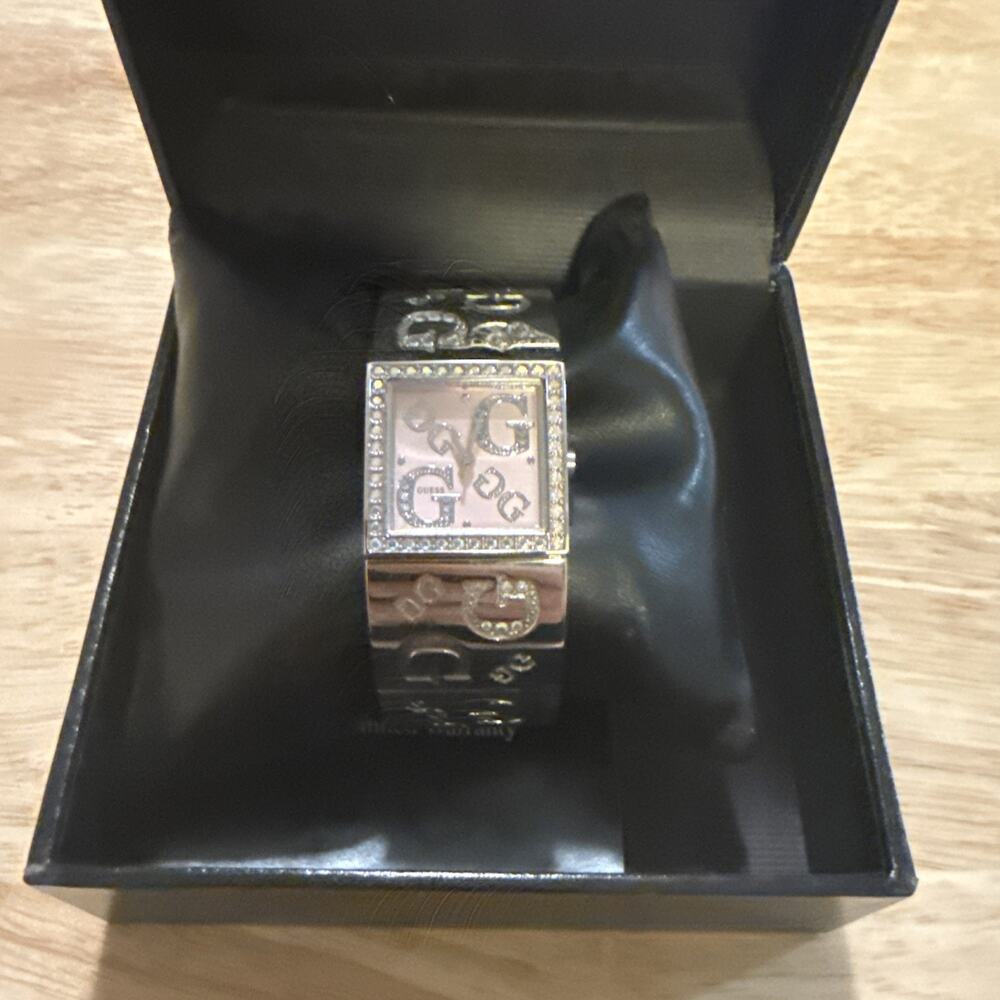 GUESS Womens Cuff Watch w/ Crystals, Silver Logo Dial, Wide Stainless Steel Band